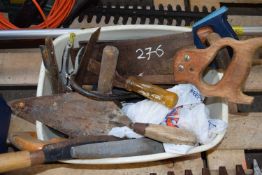 Box containing a variety of garage clearance tools to include saws, files etc