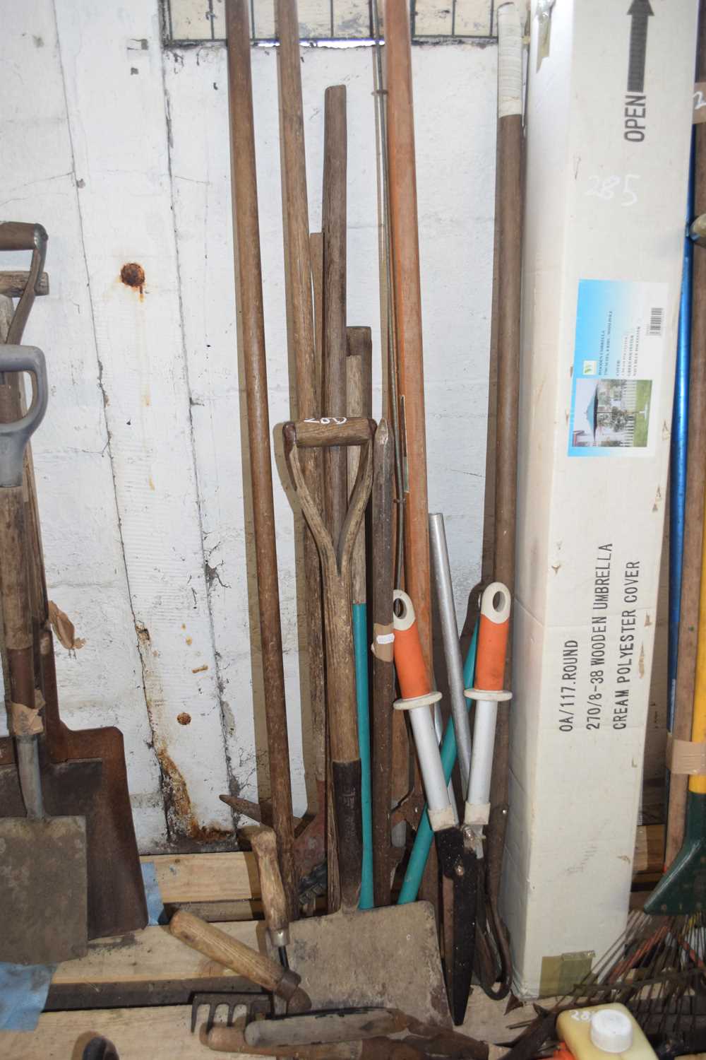 Large quantity of various garden tools to include spades, hedge cutters, loppers etc