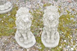 Pair of small composite seated lions, approx 40cm high