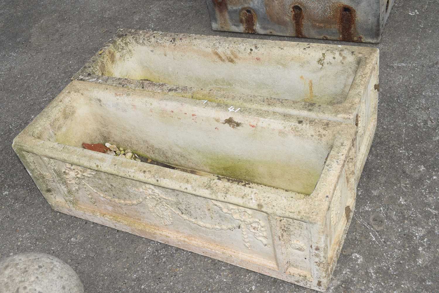 Pair of stone garden planters, length 74cm, width 24cm