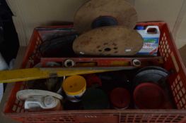 Tray containing mixed shed clearance items to include plumbing equipment sprit levels etc.