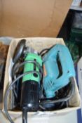 Two boxes of various power tools to include jig saws, angle grinders, battery operated drills,