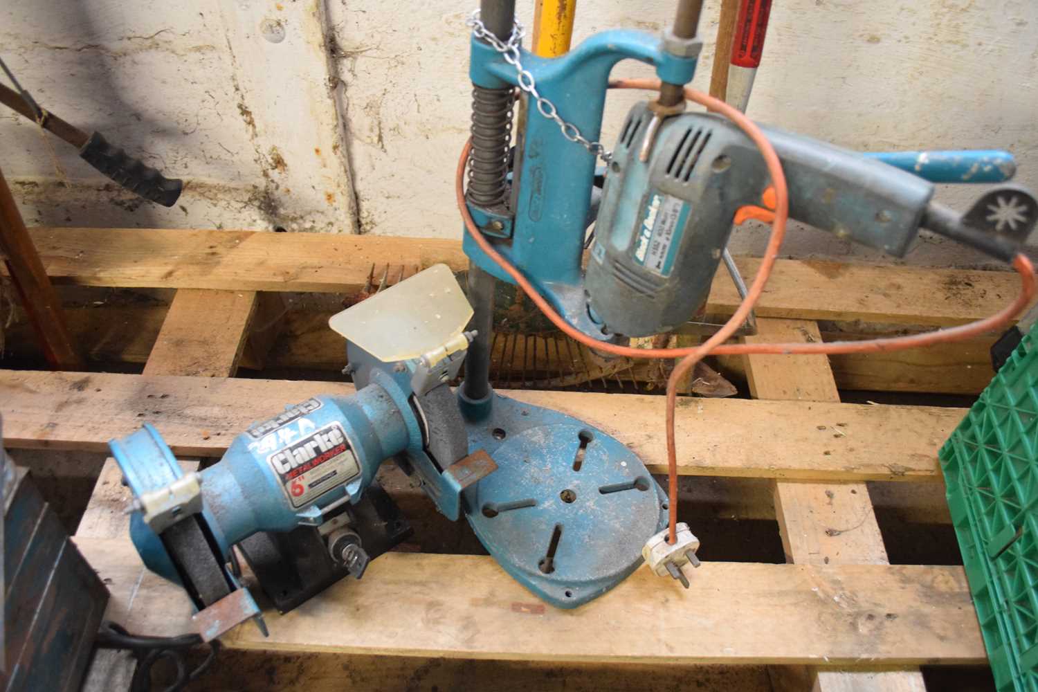 Clark 6" bench grinder, along with a Black & Decker bench pillar drill