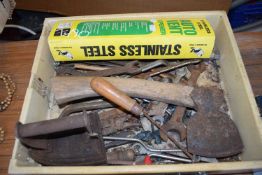 Box containing various garage clearance items to include an Autobent opener, spanners and axes