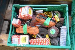 Box containing pair of ratchet straps, grinding attachments and discs, saws etc