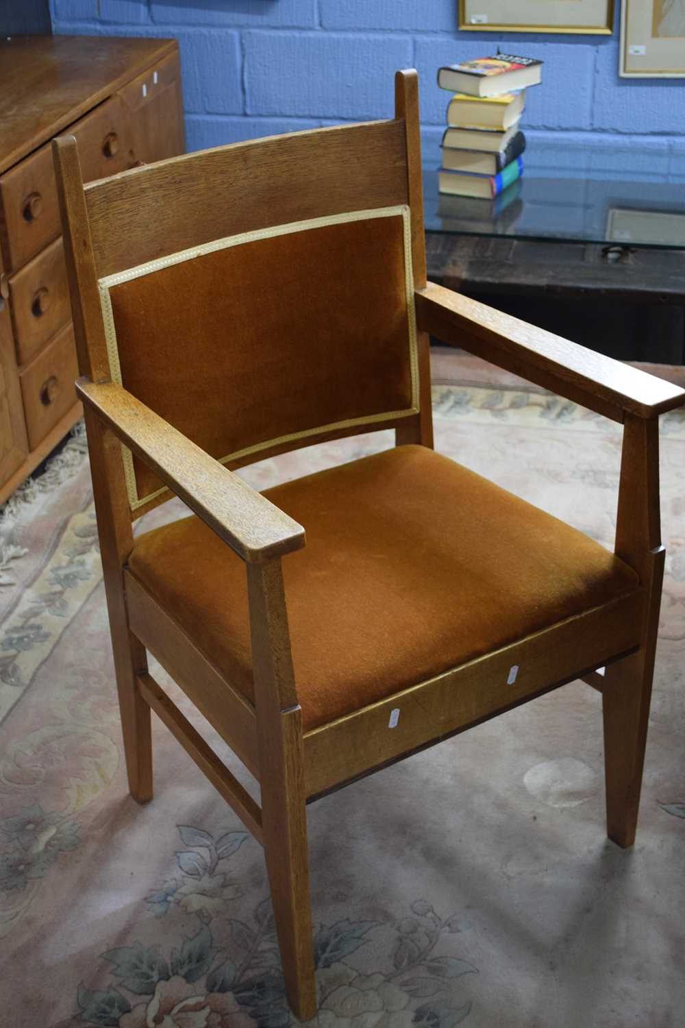 An unusual early 20th century set of six oak framed dining chairs with push-out upholstered seats - Image 3 of 3