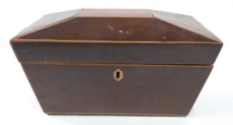 19th century mahogany sarcophagus formed tea caddy of hinged form, the interior with three lidded