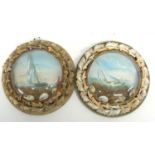 Pair of prints of shipping or yachting scenes within shell encrusted borders (2)