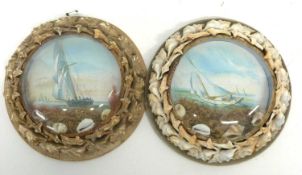 Pair of prints of shipping or yachting scenes within shell encrusted borders (2)