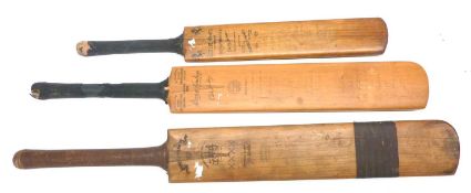 Three various cricket bats comprising Warsop-Hendren autograph bat marked 'Rest of World 11 v