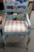 Gustavian style blue painted armchair with cabriole legs and fabric covered seat, 94cm high