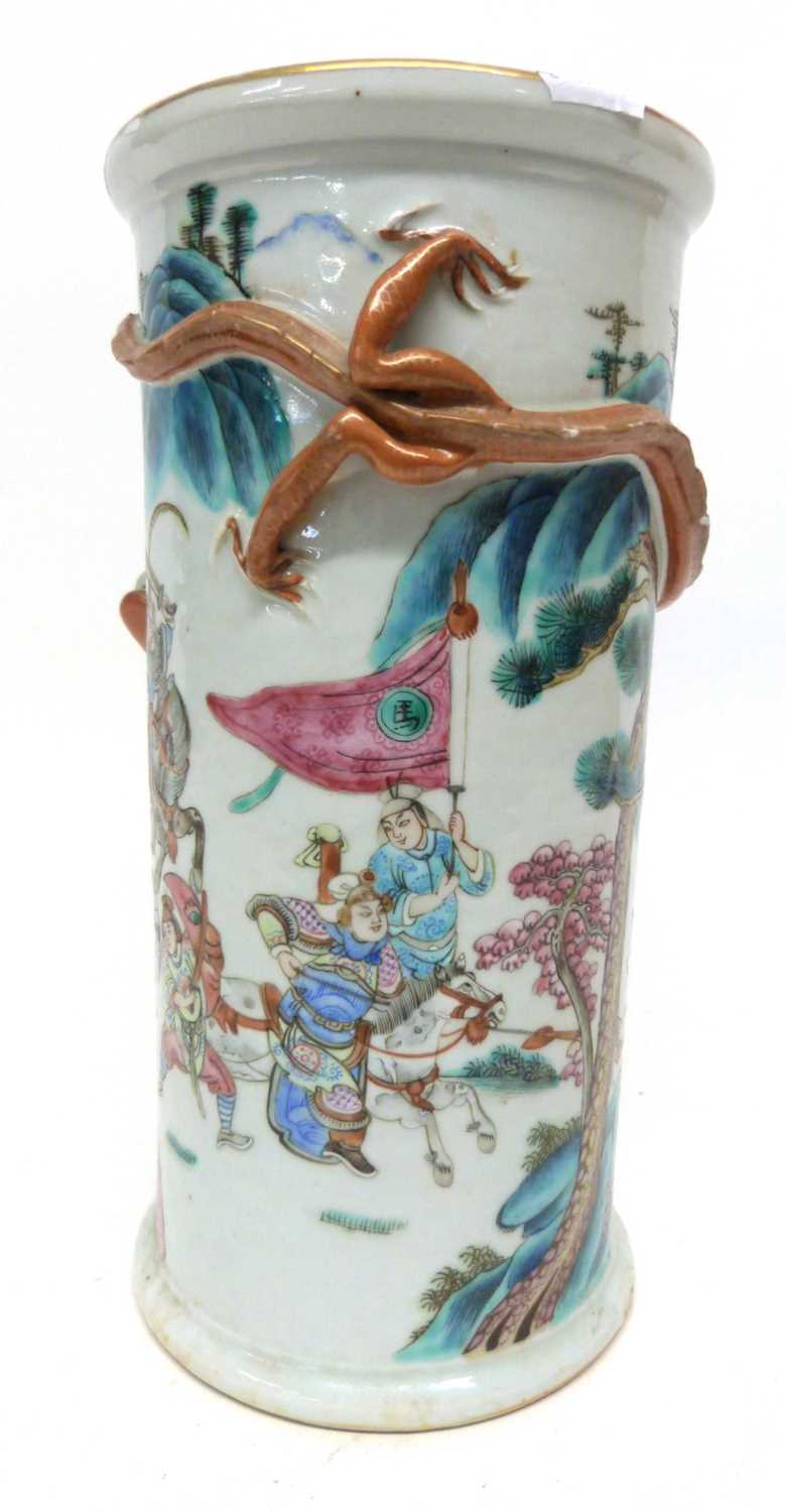 Late 19th century Chinese porcelain vase decorated with warriors with a dragon in relief circling - Image 2 of 12
