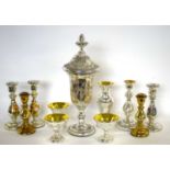 Quantity of mercury glass wares including a large chalice shaped vase and cover, two pairs of