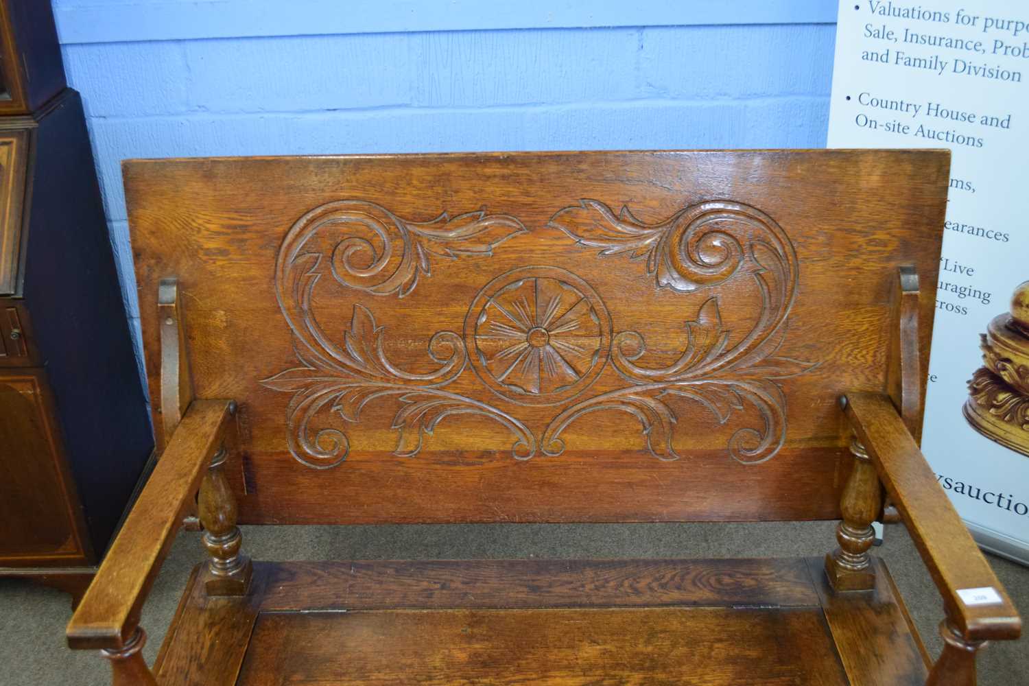 Late 19th century oak Gothic carved monks bench with flip top and storage base, 104cm wide - Image 3 of 4