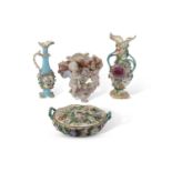 Group of 19th century English porcelain wares, relief decoration with floral encrustations in Minton