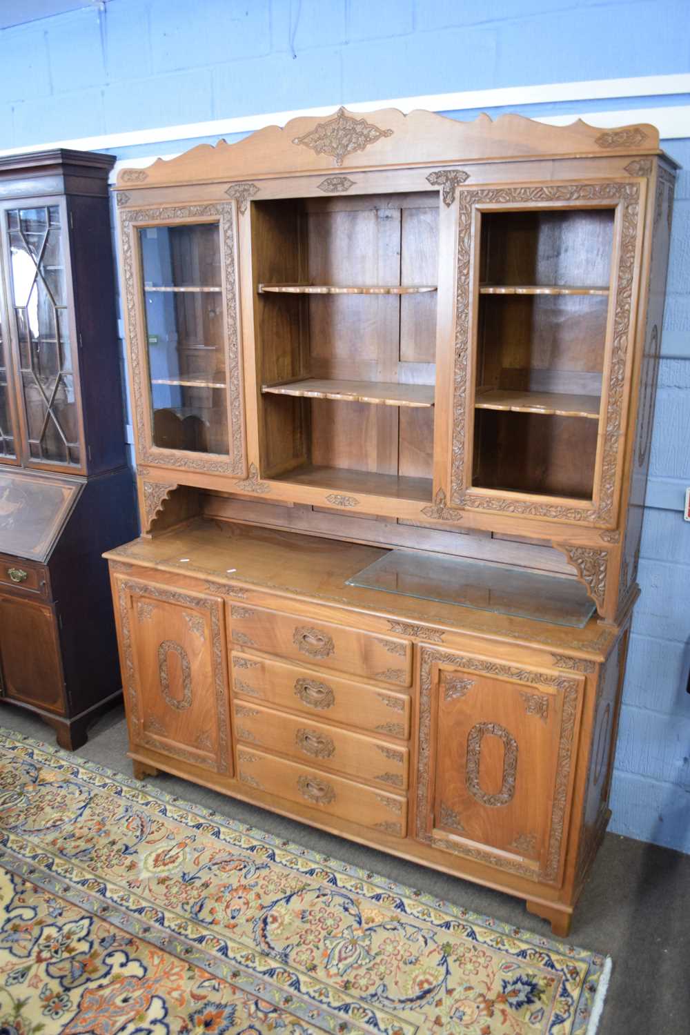 Kashmiri hardwood and floral carved dining room suite comprising an oval table with inset glass - Image 5 of 5