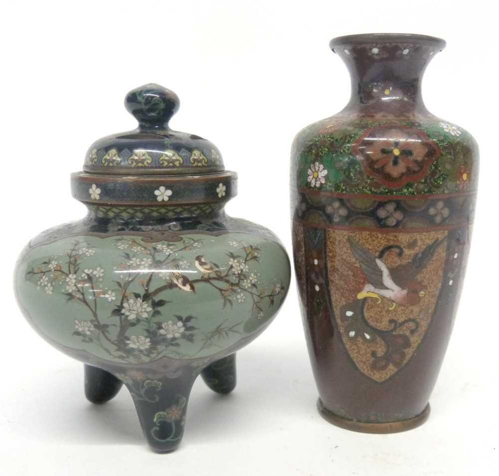 Small Japanese Meiji period cloisonne incense burner with panels of decoration of birds together - Image 11 of 11