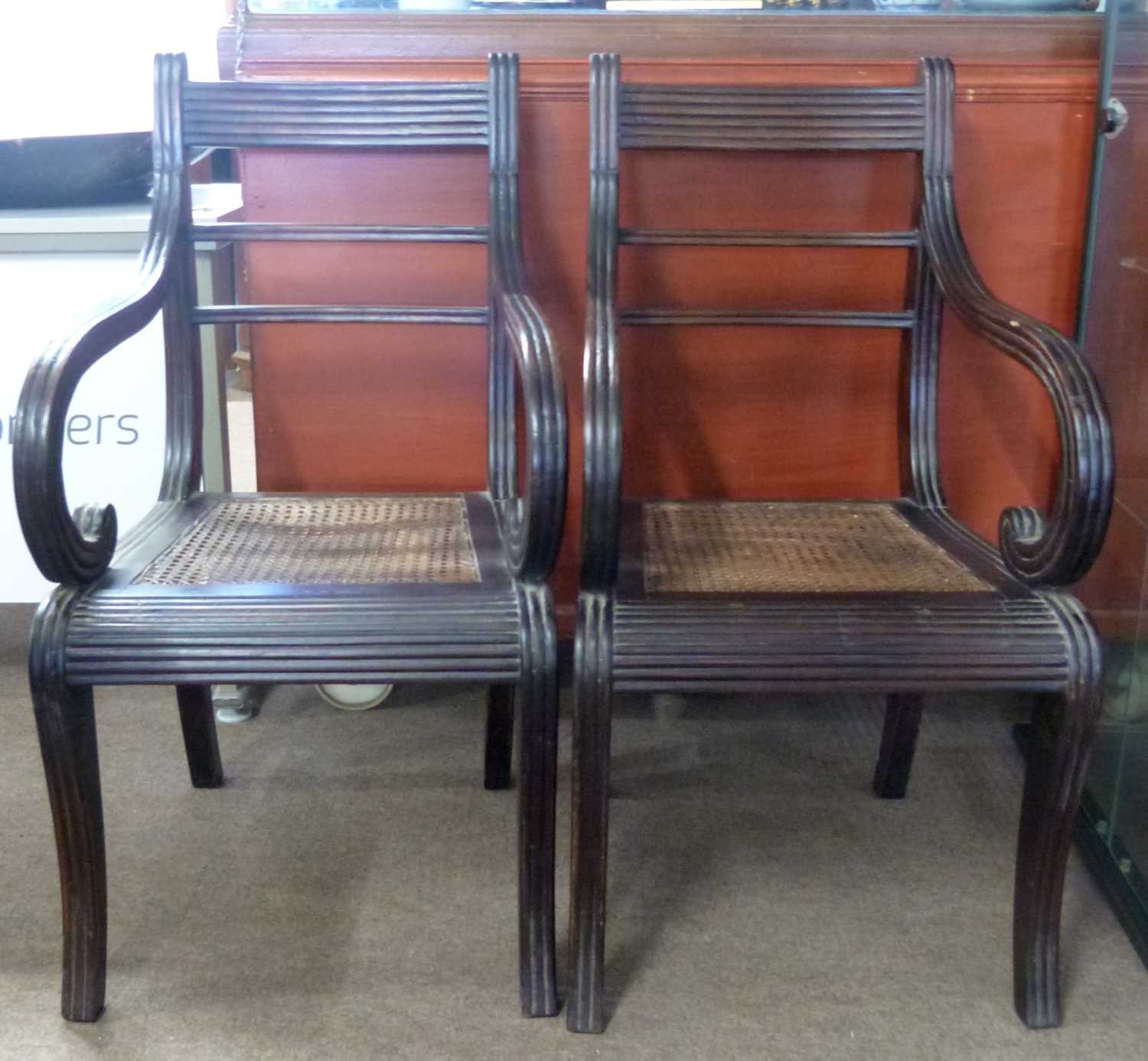 Pair of Georgian mahogany scroll arm chairs with cane seats and sabre type front legs decorated - Image 4 of 4