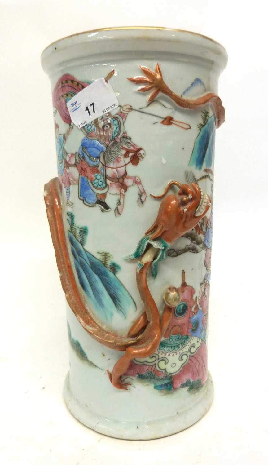 Late 19th century Chinese porcelain vase decorated with warriors with a dragon in relief circling - Image 9 of 12