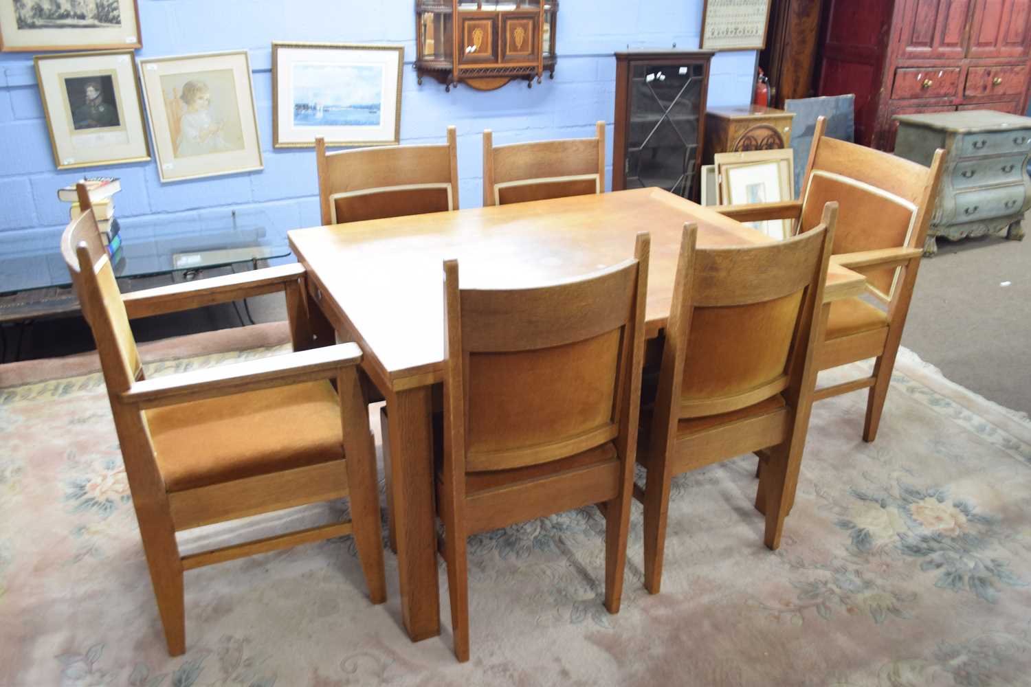An unusual early 20th century set of six oak framed dining chairs with push-out upholstered seats - Image 2 of 3