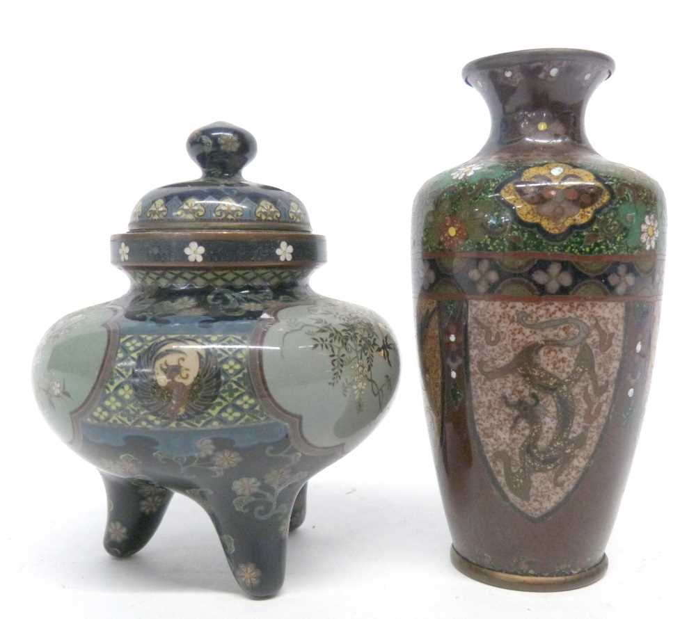 Small Japanese Meiji period cloisonne incense burner with panels of decoration of birds together - Image 2 of 11