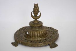 Brass model of an inkwell, the finial modelled as an owl