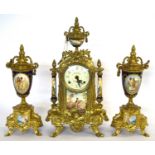 Clock garniture, the vases and clock with Sevres style panels in gilt frames