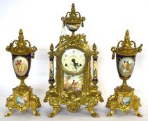 Clock garniture, the vases and clock with Sevres style panels in gilt frames