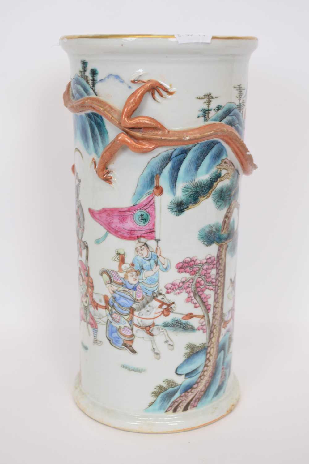 Late 19th century Chinese porcelain vase decorated with warriors with a dragon in relief circling - Image 3 of 12