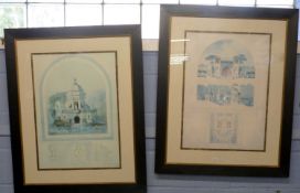 Pair of 20th century coloured architectural prints, f/g, 100cm high