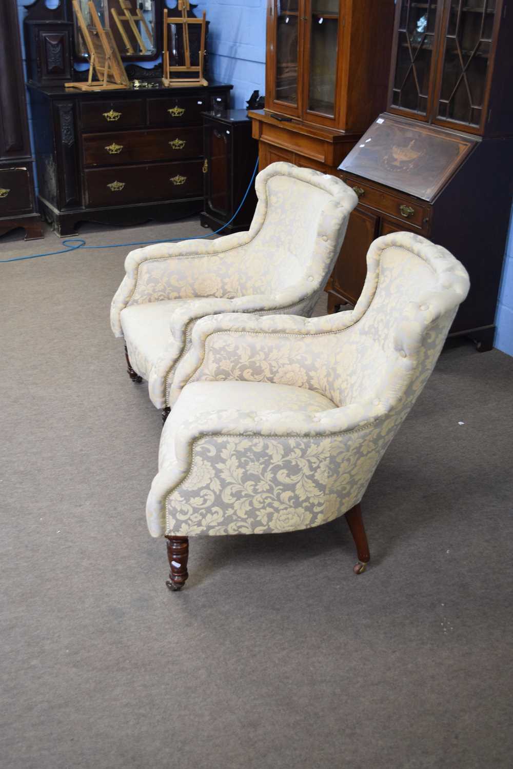 Pair of late Victorian floral upholstered armchairs with front turned legs, 85cm high - Image 2 of 2