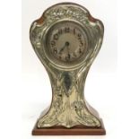 Early 20th century mantel clock, the hardwood case with silver plated floral mounts, 29cm high