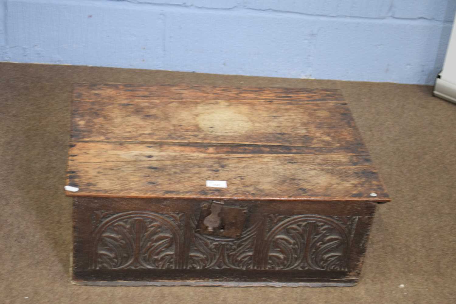 17th century and later oak Bible box of hinged rectangular form, the front decorated with carved