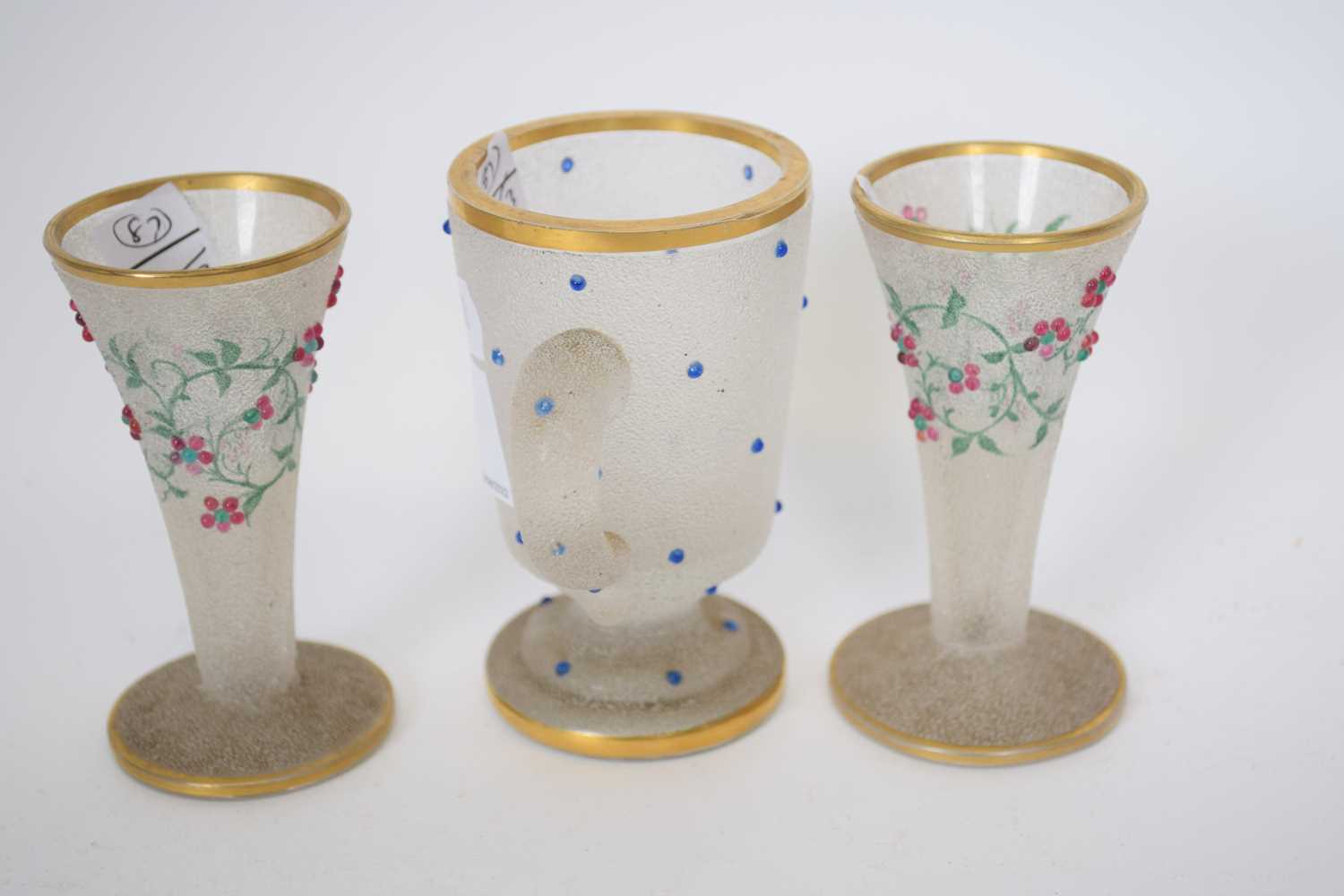 Pair of 19th century frosted glass vases with leaf and berry design, together with a further frosted - Image 3 of 3