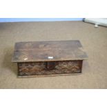 17th century oak Bible box of hinged rectangular form, the front with carved decoration and dated