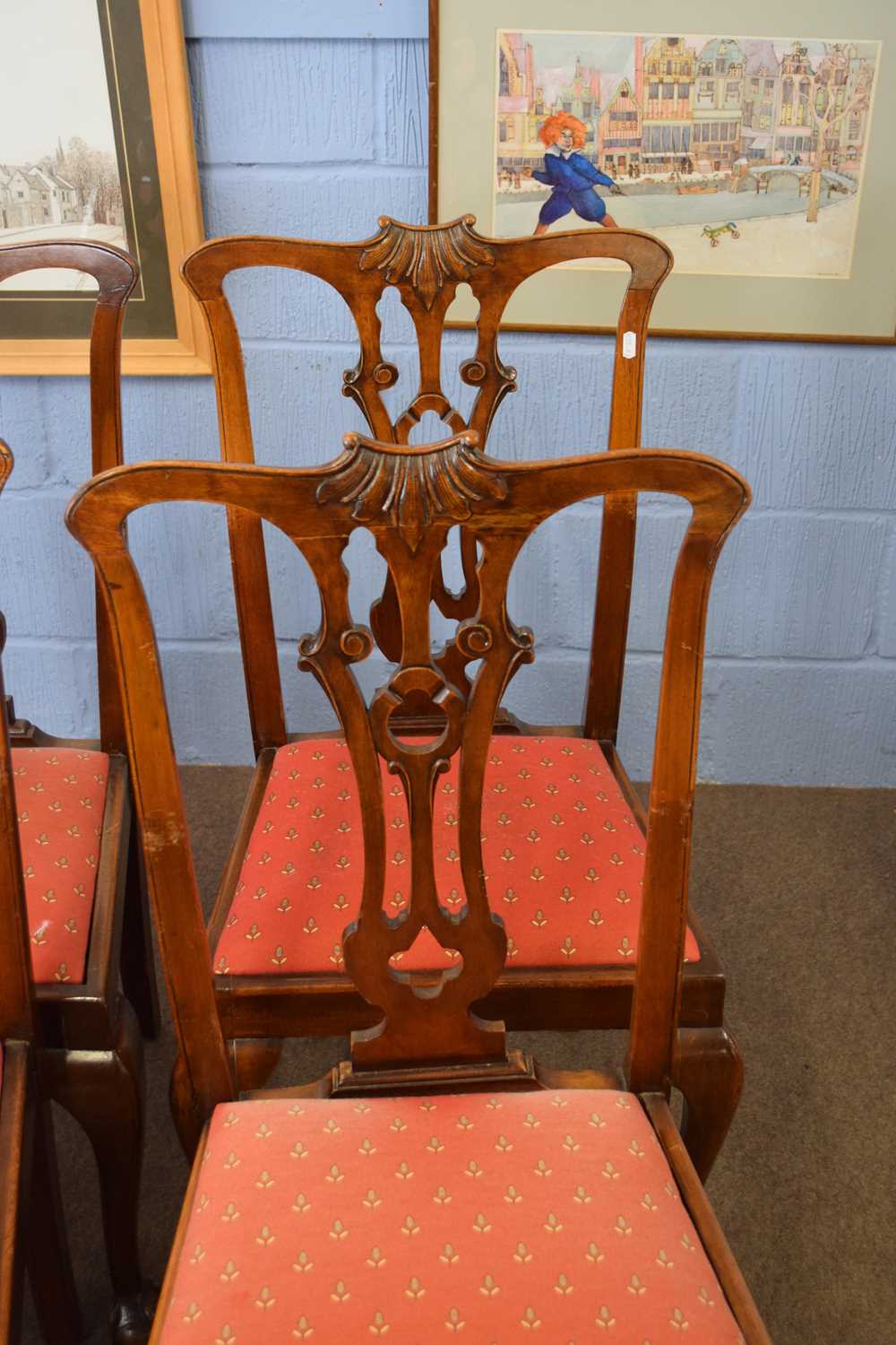 Set of four early 20th century mahogany framed dining chairs with pierced splat backs and ball and - Image 3 of 3