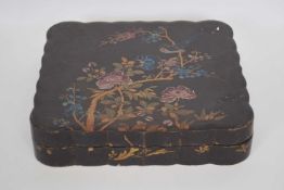 Japanese card box, the lacquered top with bird and floral decoration, the interior with similar