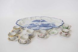 Large Continental porcelain shaped dish with blue and white design together with seven miniature