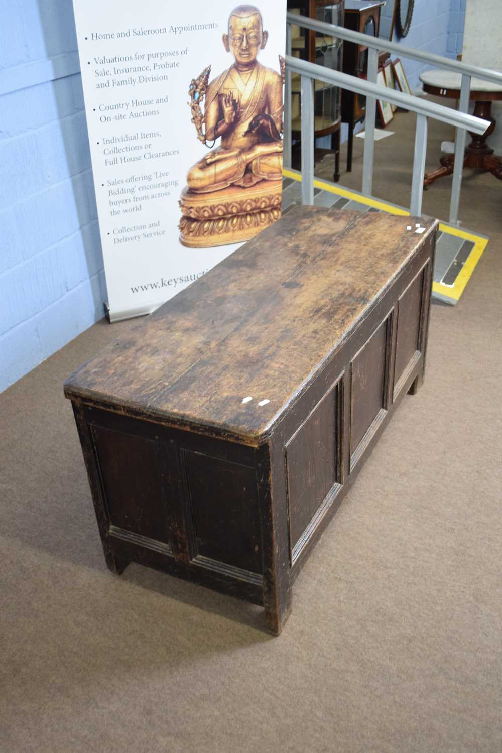 18th century oak coffer with board top over three panelled front raised on short stile feet, 134cm - Image 3 of 4