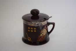 Royal Doulton Kings ware mustard pot with silver collar, assay marks for London, plus a spoon