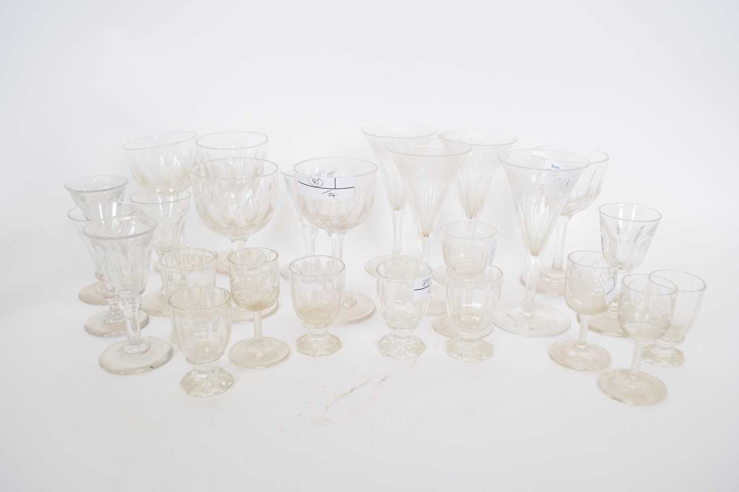 Quantity of Victorian glass wares, small drinking glasses, some with engraved designs (qty)