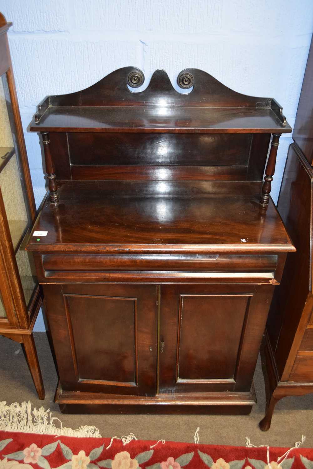 Small 19th century mahogany chiffonier with broken arch pediment over a single shelf, the body - Image 2 of 2