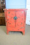 19th century Chinese red lacquered side cabinet with two doors painted with butterflies and