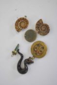 Small bag containing quantity of Chinese medallions and other items including a black stone carved