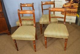 Set of four 19th century mahogany framed dining chairs with rope backs and green striped seats