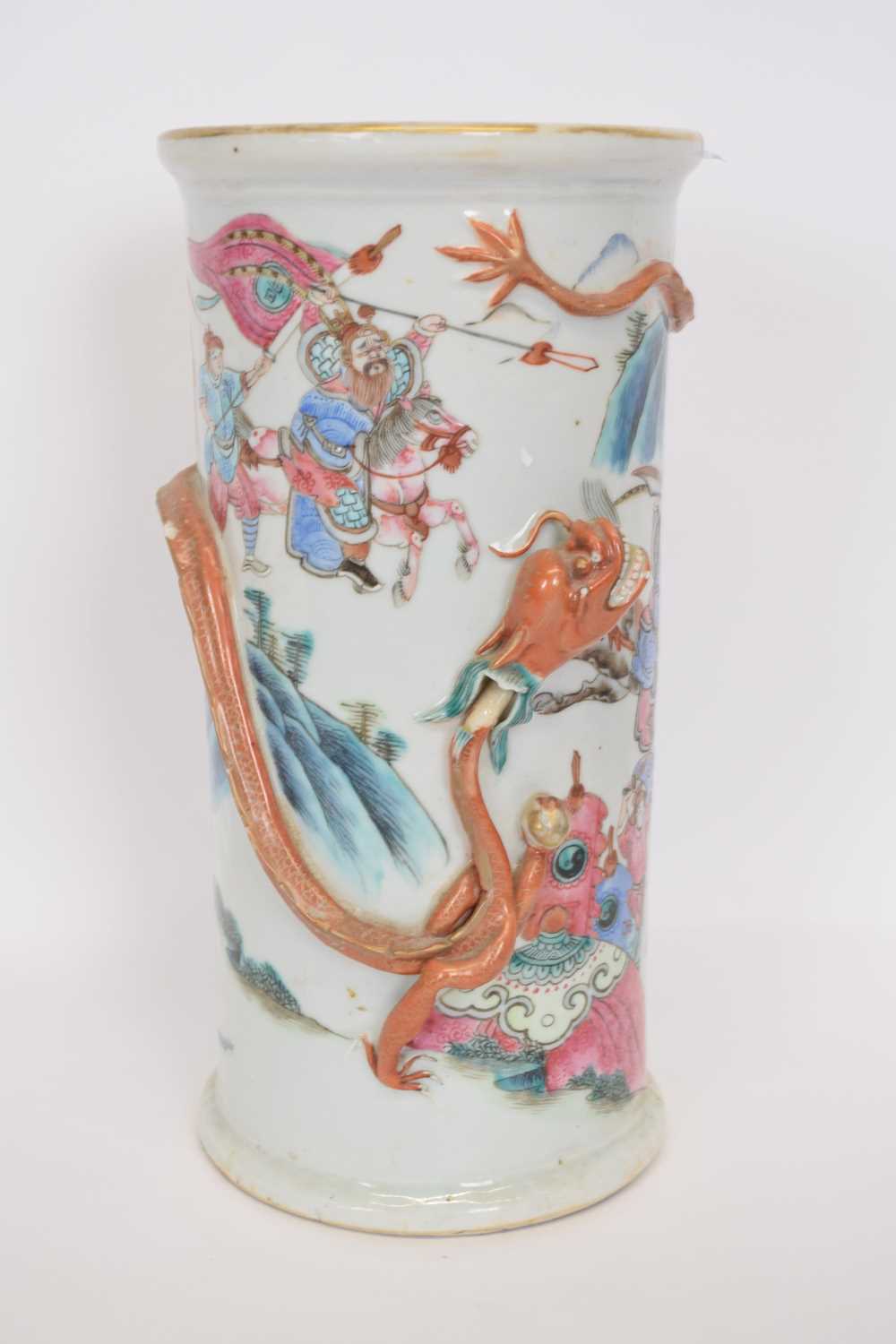 Late 19th century Chinese porcelain vase decorated with warriors with a dragon in relief circling - Image 5 of 12
