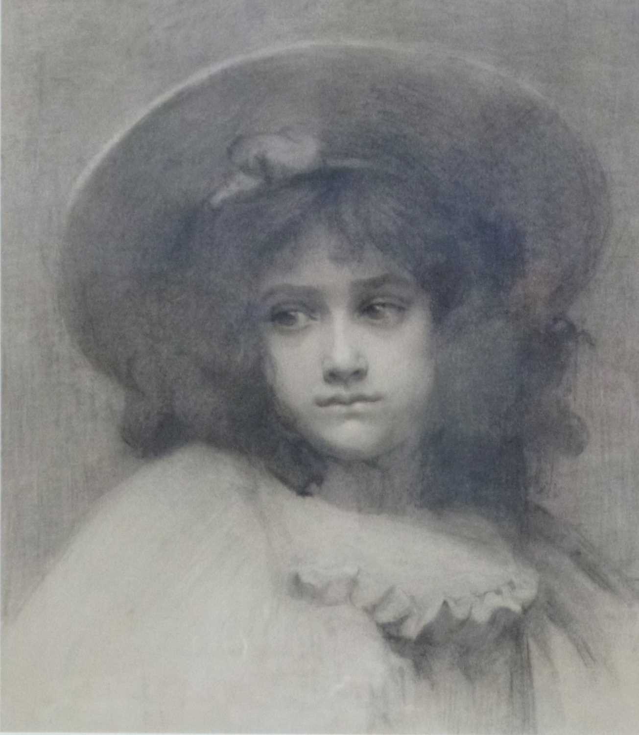 20th century School, portrait of a young girl in wide brimmed hat, charcoal, unsigned, f/g