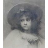 20th century School, portrait of a young girl in wide brimmed hat, charcoal, unsigned, f/g