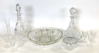 Quantity of cut glass wares including six liqueur glasses, ship's decanter, cut glass vase,