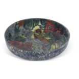 Large bowl with tube lined Art Nouveau design of a bird amongst foliage, signed by R Dean, unmarked,